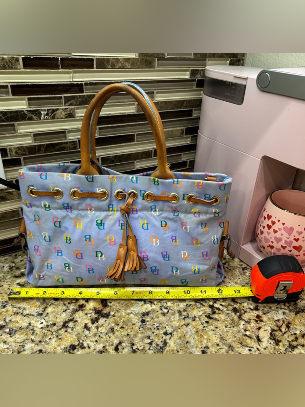 Dooney & Bourke Uncoated Light Blue Multicolor Logo Tote with Tan Handles
